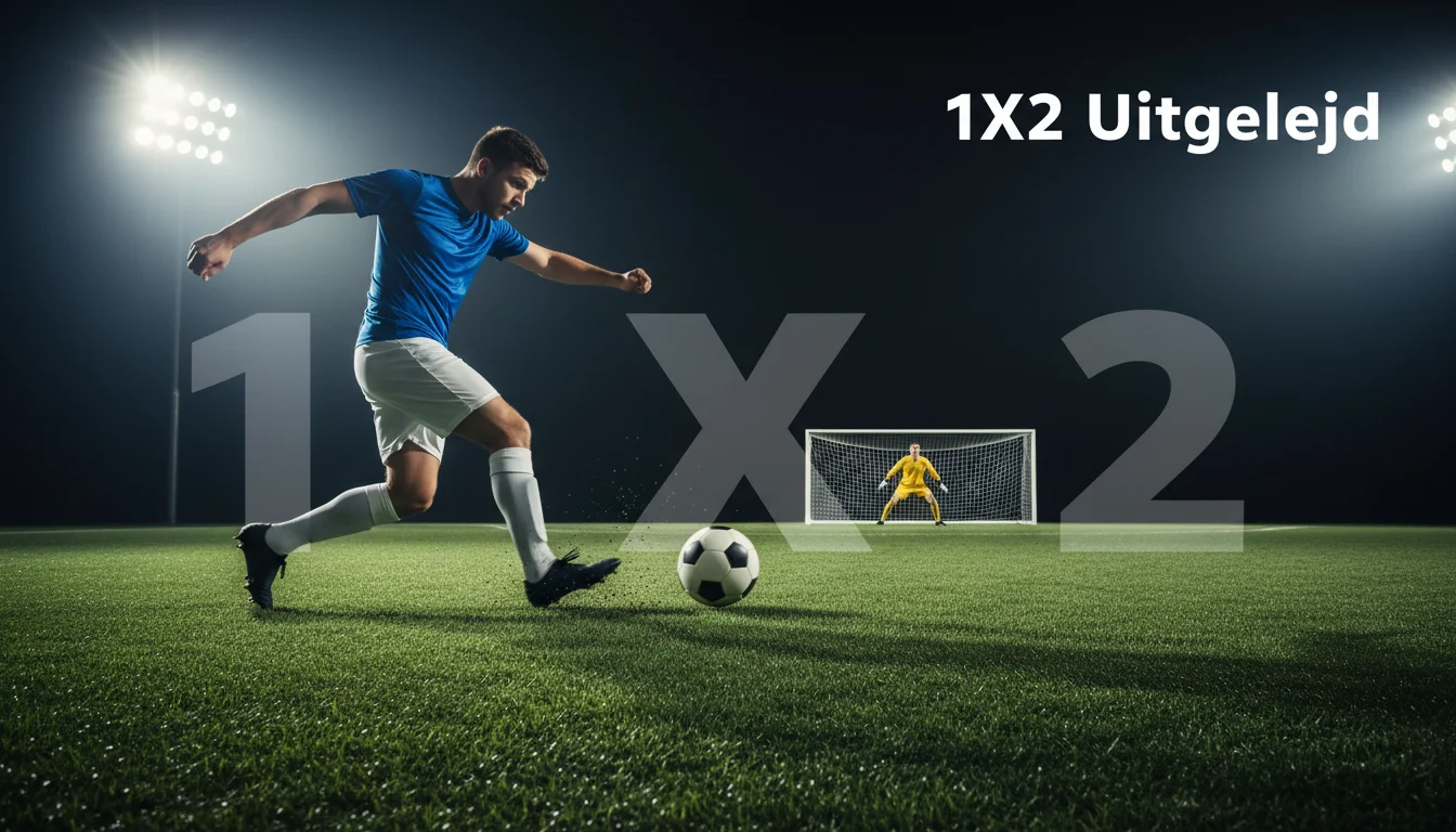 Voetballer schiet op doel tijdens een wedstrijd op groen gras, symbool voor de 1X2 weddenschap