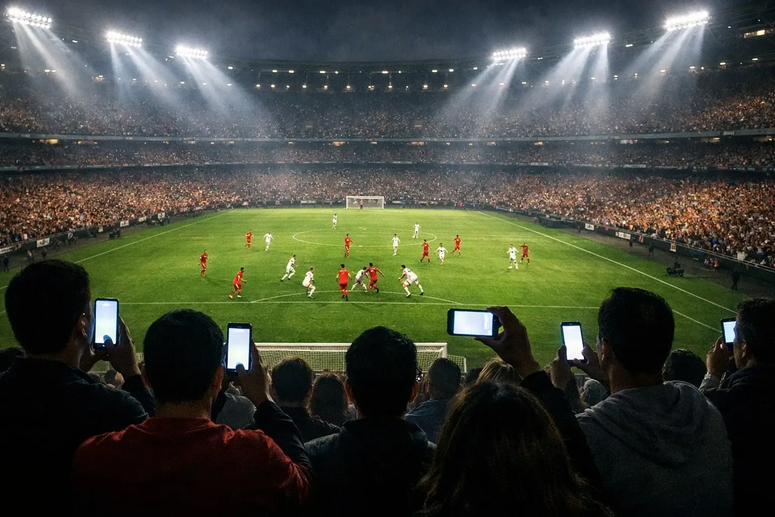 Voetbalfans in een stadion die een live wedstrijd volgen met smartphones in de hand