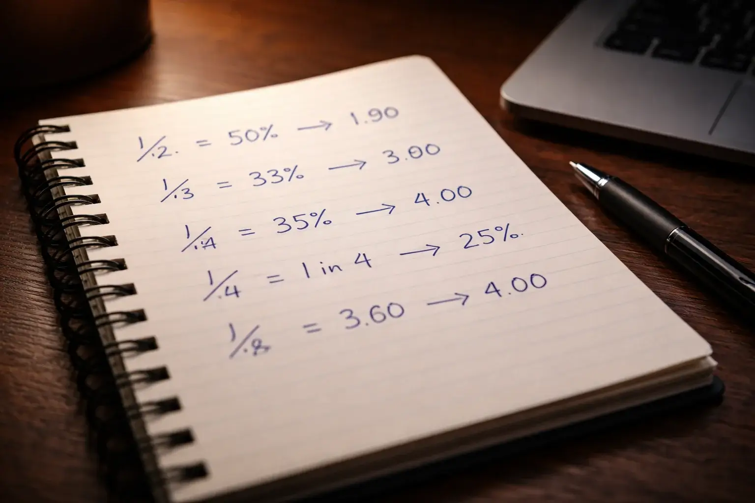 Een notitieboek met handgeschreven berekeningen van voetbalodds en waarschijnlijkheden