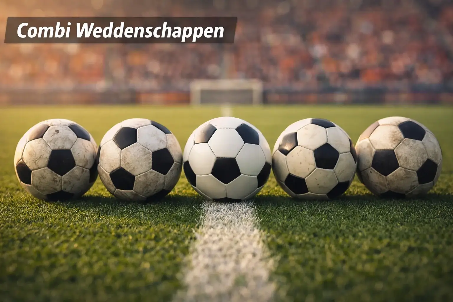 Meerdere voetballen op een rij op groen gras, symbool voor gecombineerde weddenschappen