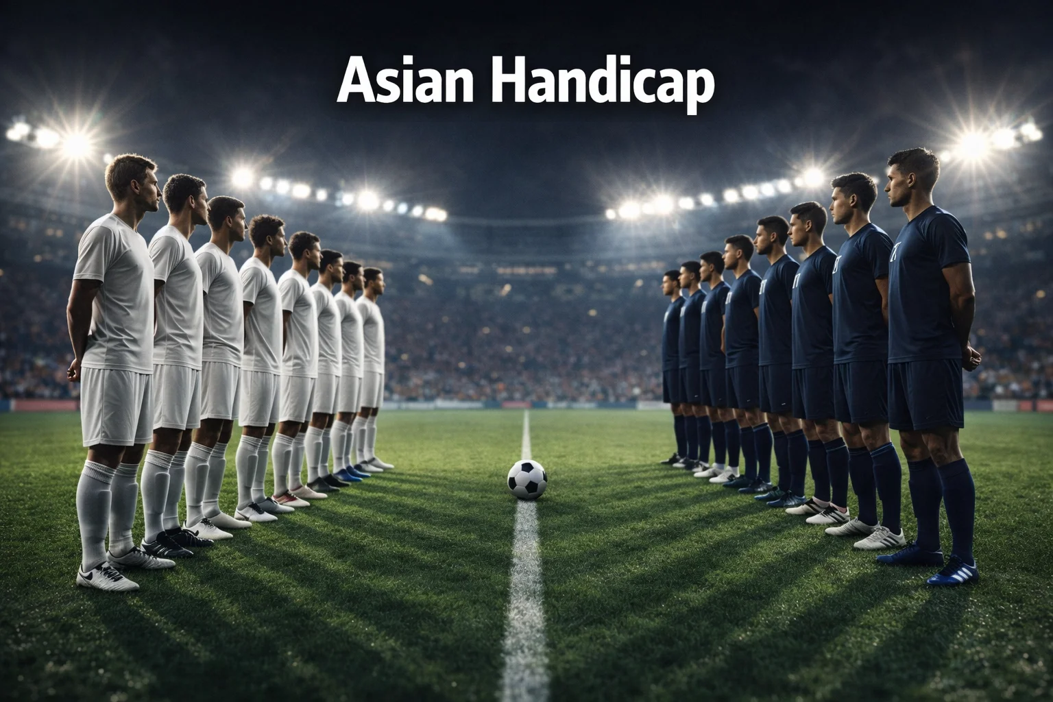 Twee voetbalteams staan tegenover elkaar op het veld, symbolisch voor de handicap-balans bij wedden