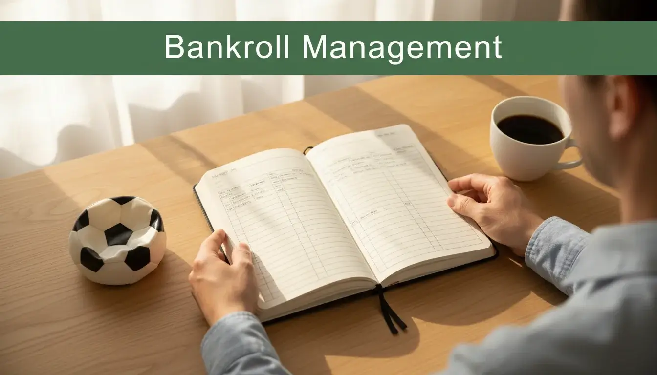 Persoon houdt een notitieboekje met een budgetplan vast naast een voetbal op een bureau