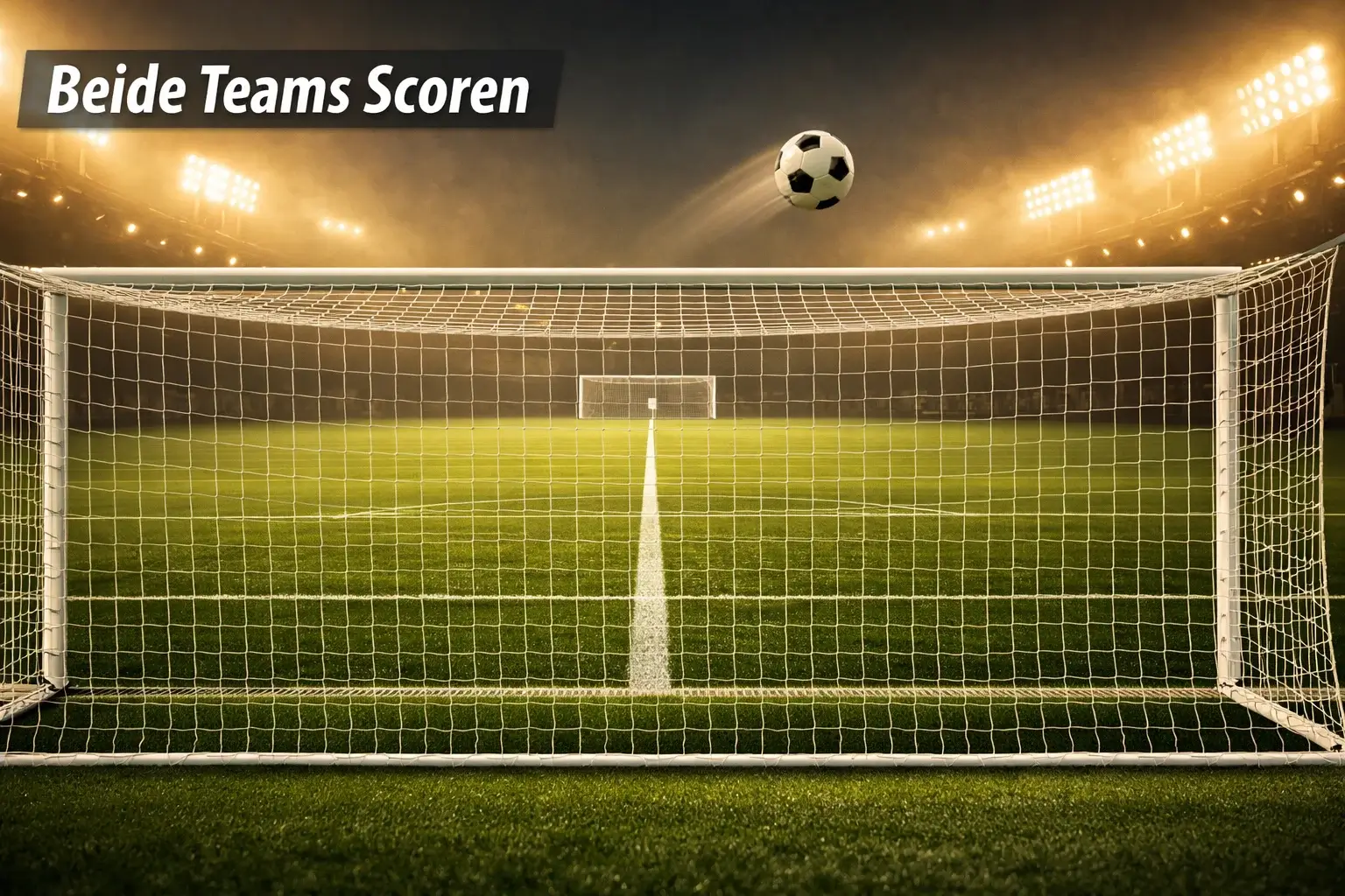 Twee doelen aan weerszijden van een voetbalveld met scoreborden, symbool voor beide teams scoren