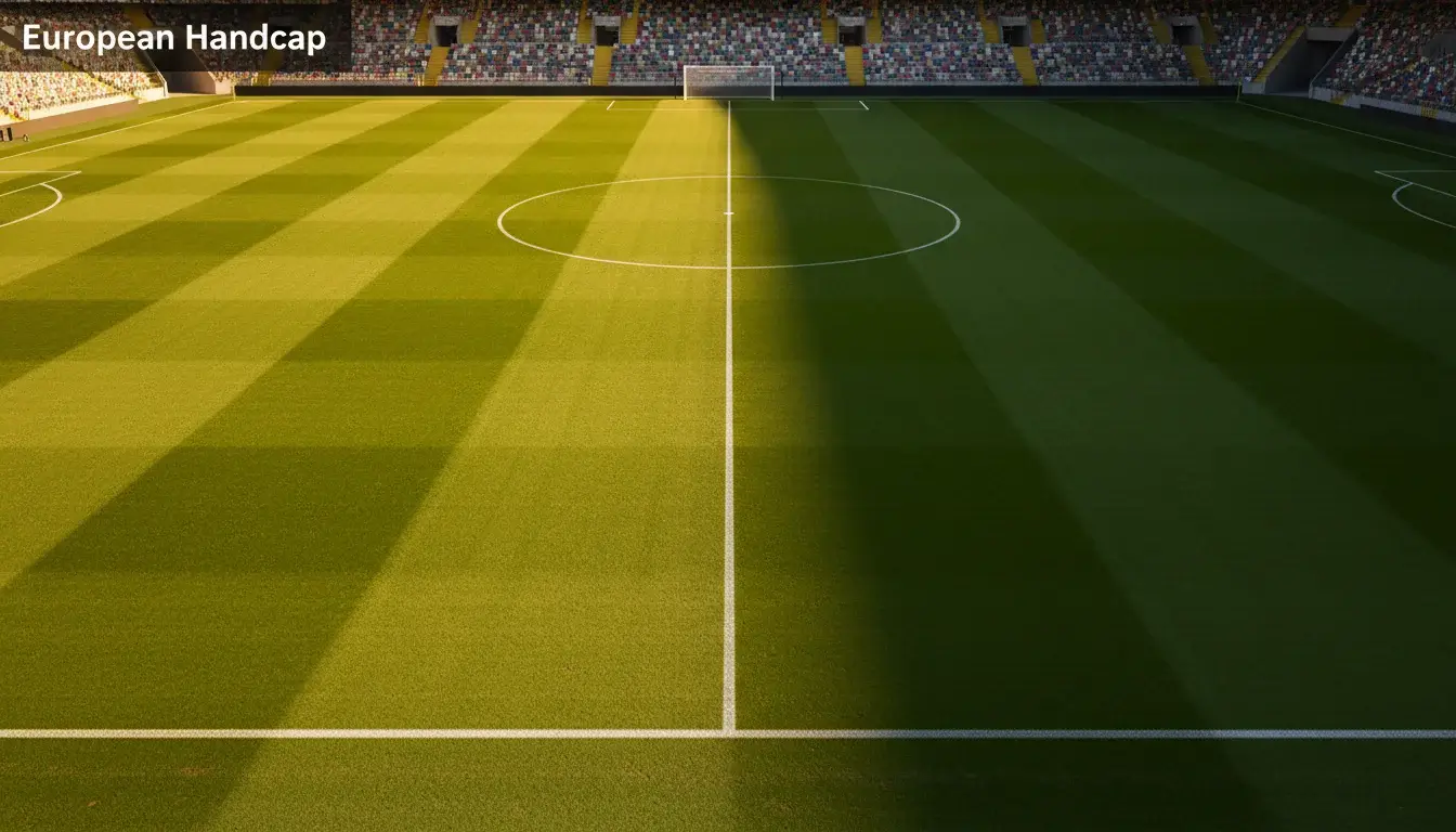 Voetbalveld met een duidelijke middenlijn en twee helften, symbool voor handicap-balans bij wedden