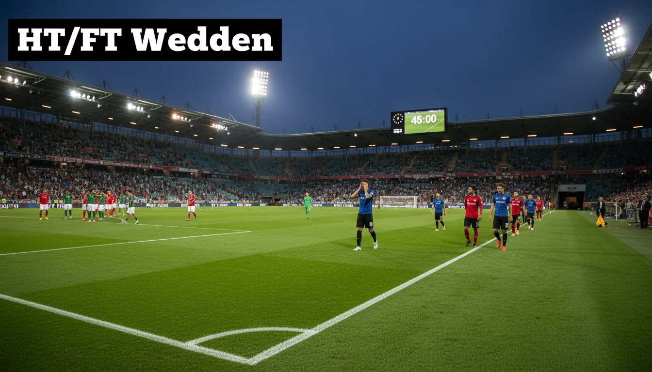 Voetbalveld met een duidelijke middenlijn en een klok, symbool voor halftime/fulltime wedden