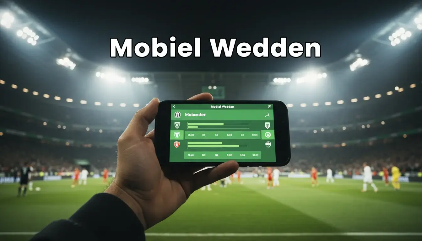 Hand houdt een smartphone vast in een voetbalstadion met het veld op de achtergrond