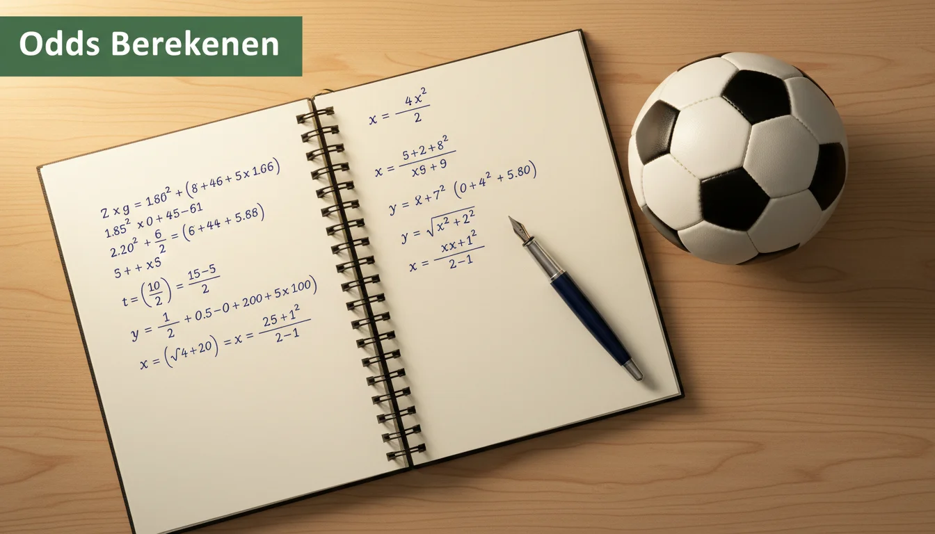 Persoon schrijft berekeningen in een notitieboekje naast een voetbal op een bureau