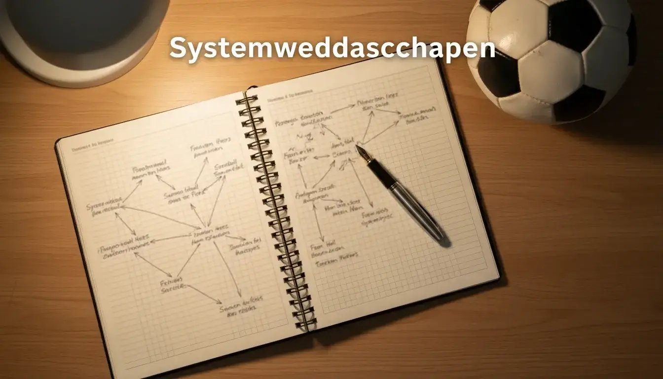 Notitieboekje met wedschema's en een pen op een houten tafel naast een voetbal