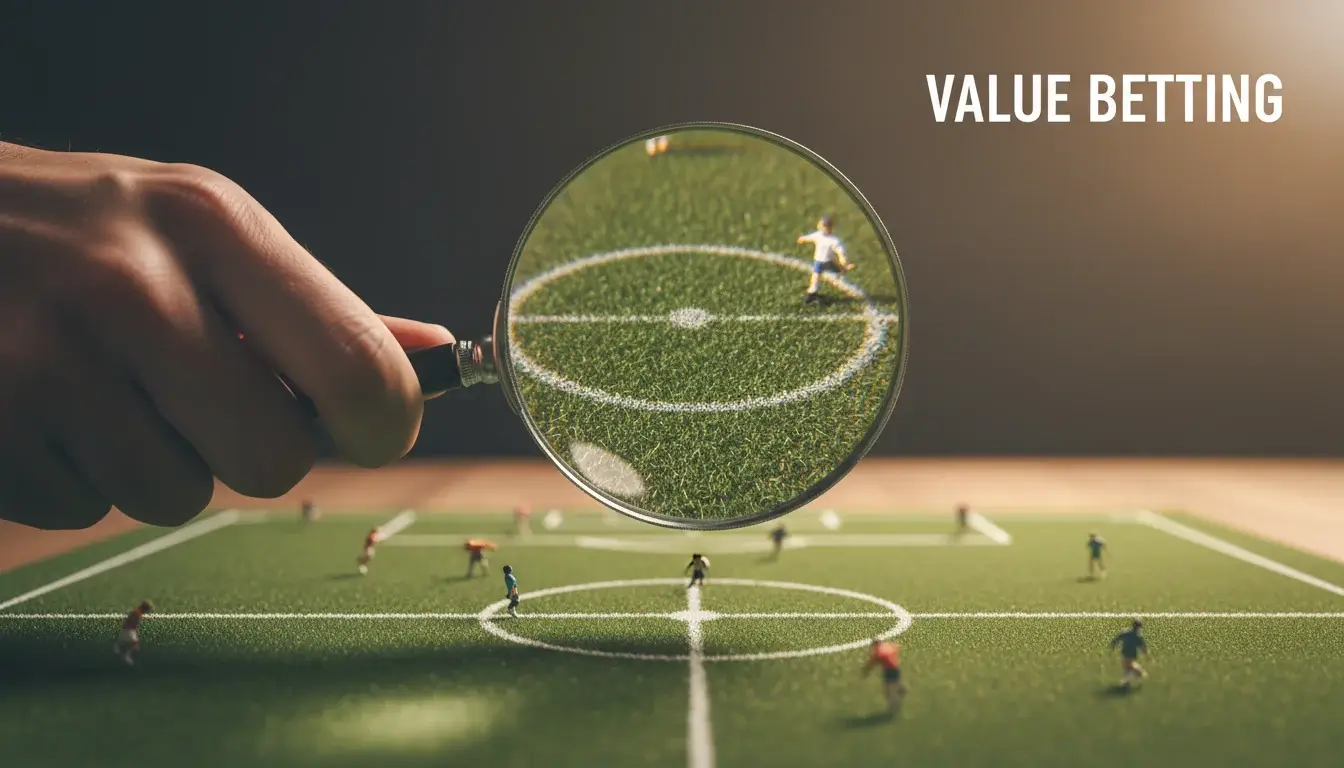 Vergrootglas boven een voetbalveld, symbool voor het zoeken naar waardevolle weddenschappen