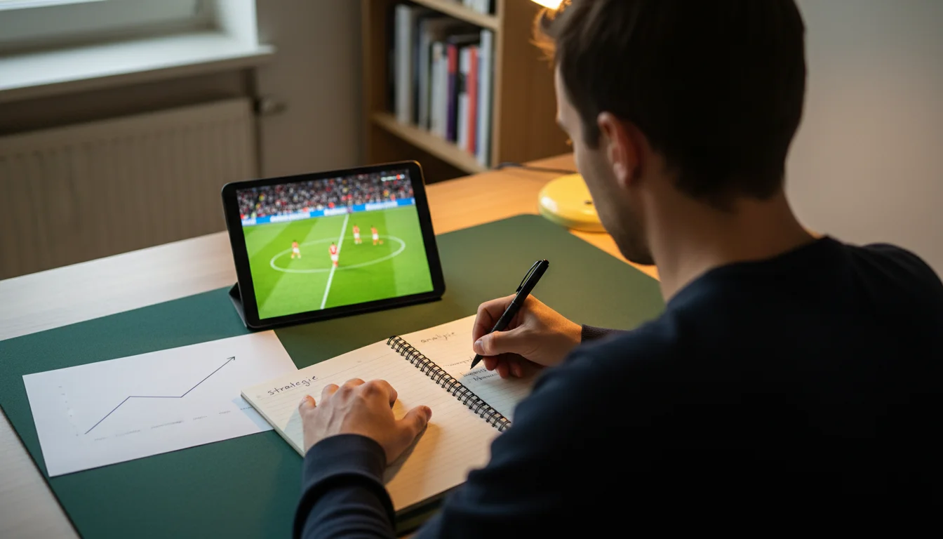 Voetbal wedden strategie met notitieblok en analyse naast een voetbalveld