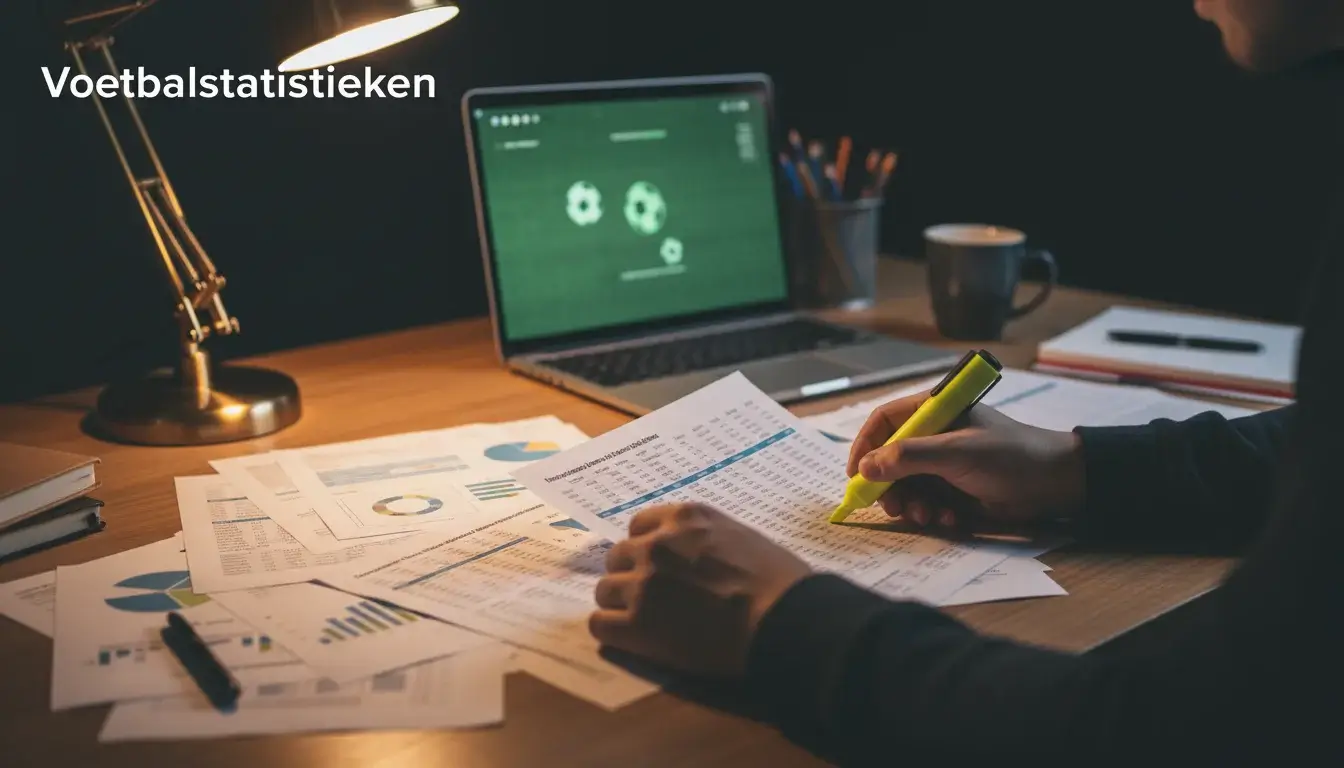Persoon analyseert voetbalgegevens op papier met een laptop op de achtergrond
