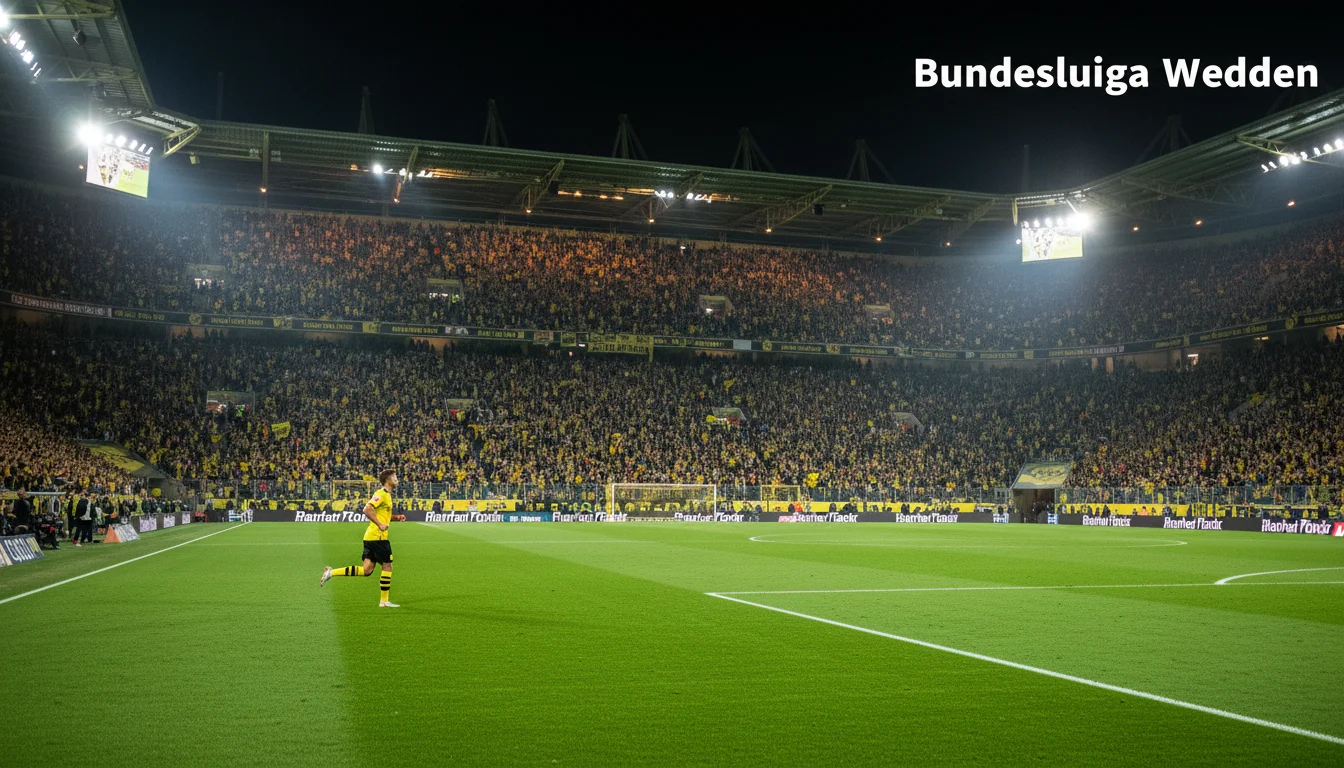 Duits voetbalstadion vol fans met gele en zwarte kleuren en een groen veld