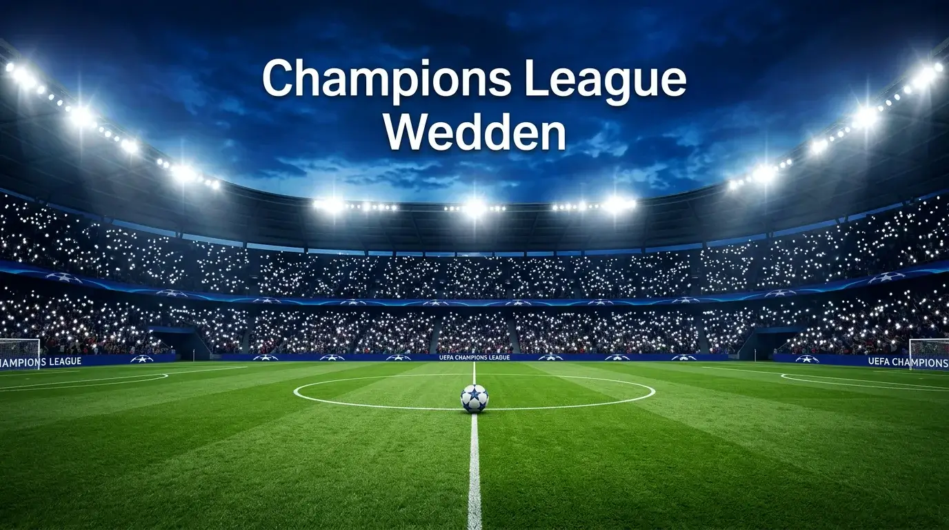 Nachtelijk voetbalstadion verlicht voor een Champions League-wedstrijd met groen veld en felle spots