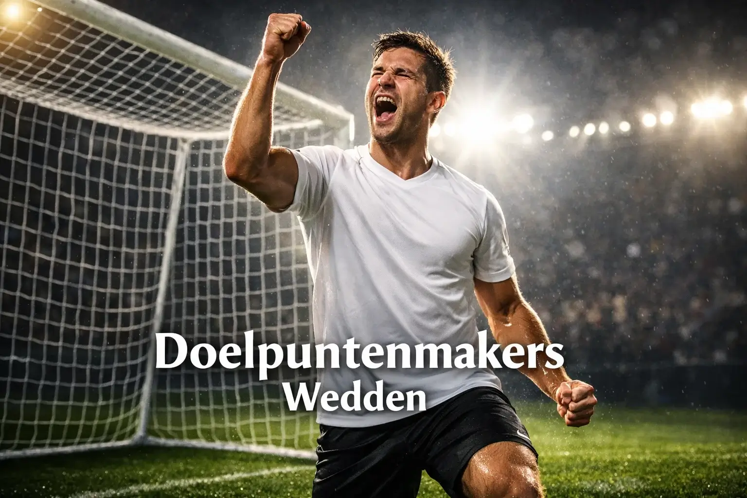 Voetballer viert een doelpunt met gebalde vuist op het groene veld