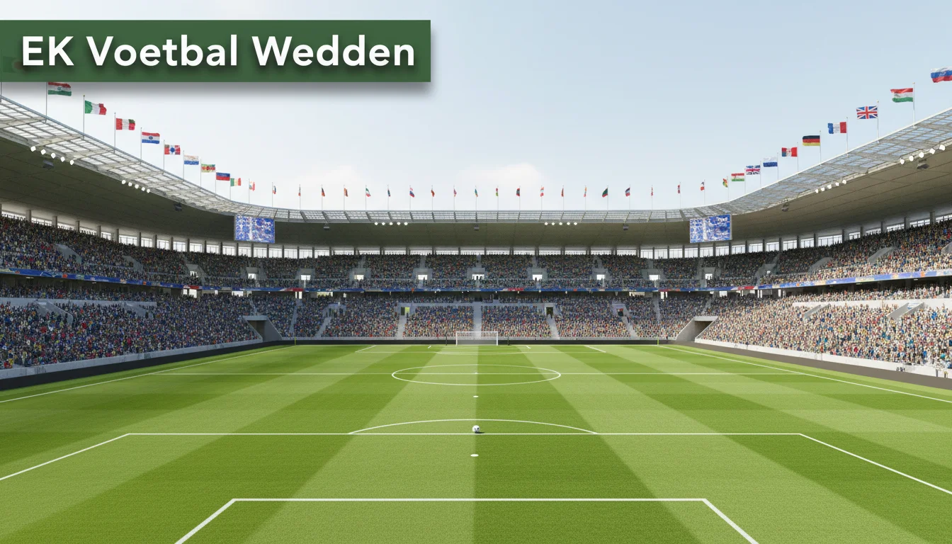 Europese vlaggen wapperen boven een voetbalstadion tijdens een EK-wedstrijd