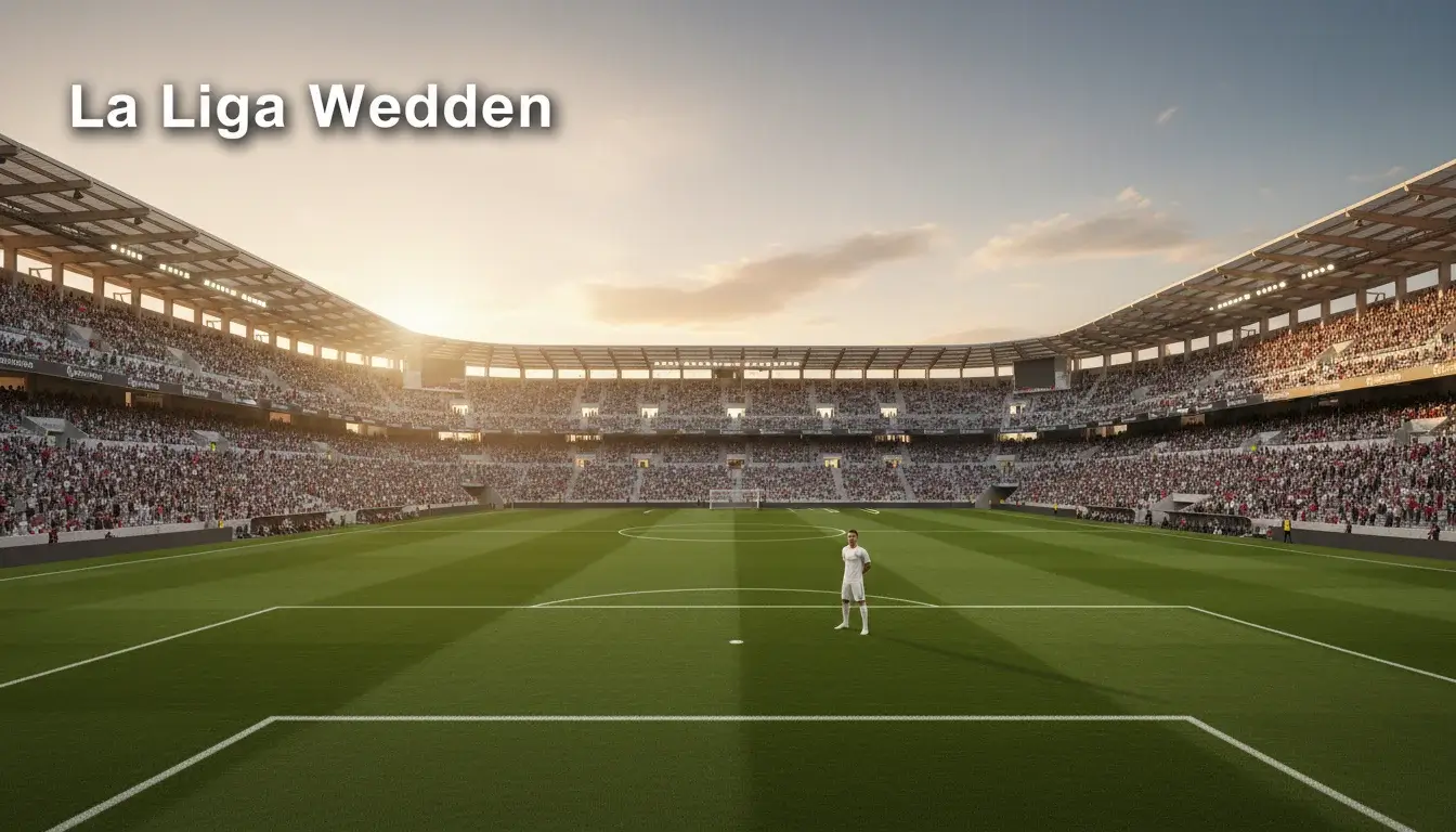 Spaans voetbalstadion in warm avondlicht met groen veld en volle tribunes