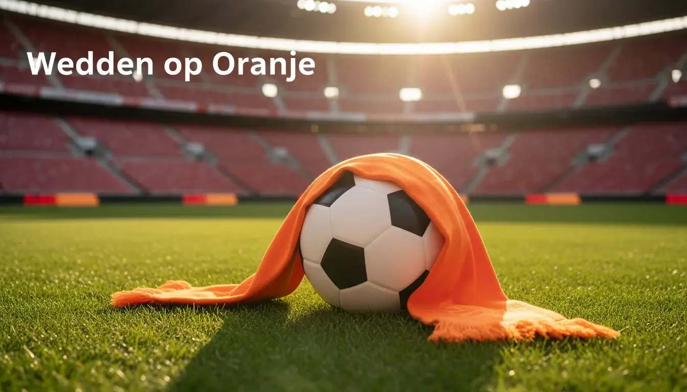 Oranje sjaal en voetbal op groen gras in een stadion, symbool voor het Nederlands elftal