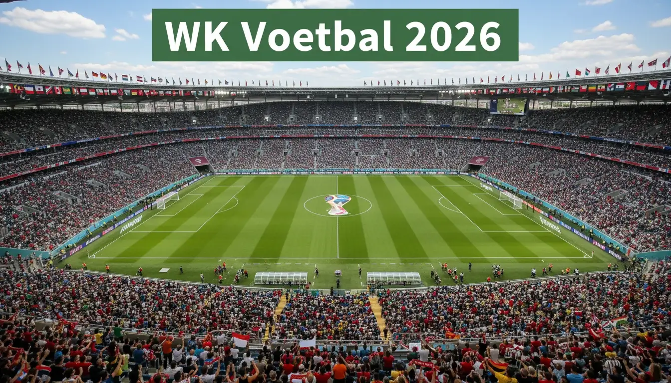 Groot internationaal voetbalstadion met kleurrijke vlaggen en een groen veld klaar voor het WK 2026